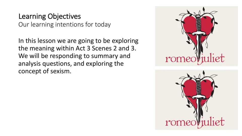 Learning objectives slide introducing Act 3, Scenes 2 and 3, summary and analysis questions, and sexism