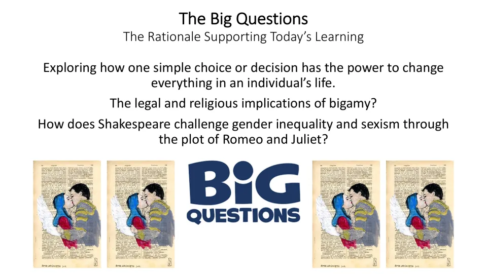 Big Questions slide asking about life-changing choices, bigamy, and Shakespeare’s challenge to sexism