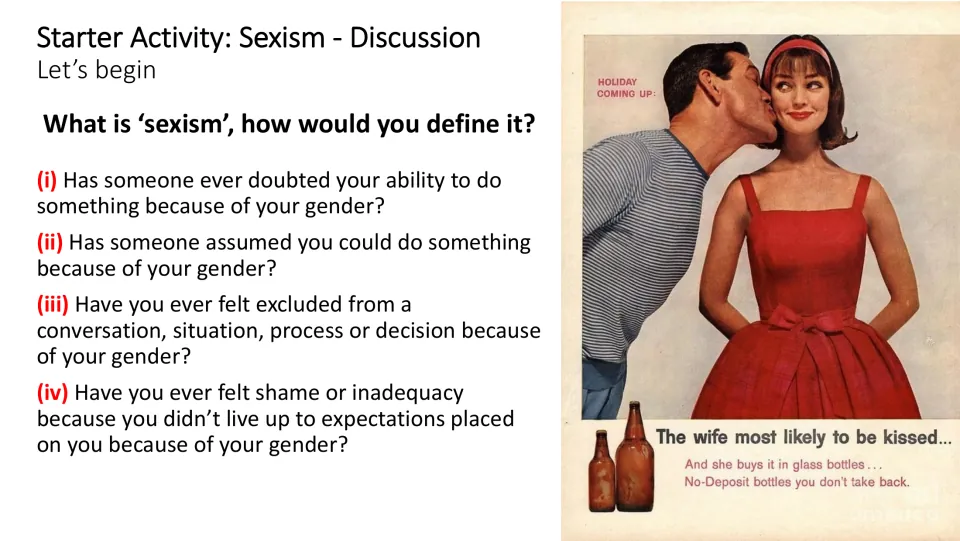 Starter discussion slide asking students to define sexism and reflect on gender assumptions and exclusion