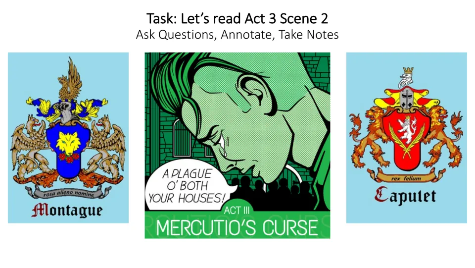 Reading task slide directing students to read Act 3, Scene 2, ask questions, annotate, and take notes