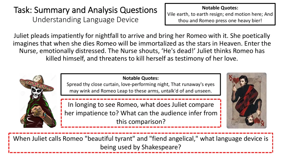 Scene analysis slide asking about Juliet’s impatience and the phrases “beautiful tyrant” and “fiend angelical”