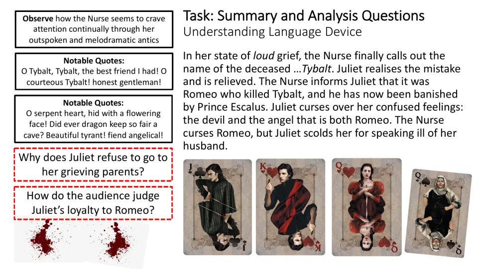 Scene analysis slide explaining Tybalt’s death and asking why Juliet avoids her parents and defends Romeo