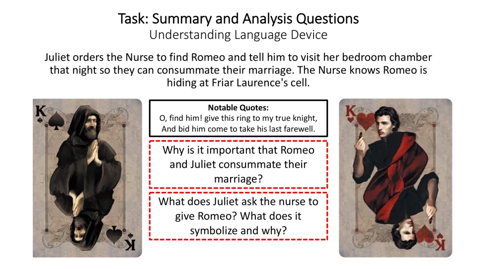 Scene analysis slide asking why consummating the marriage matters and what Juliet’s ring for Romeo symbolizes