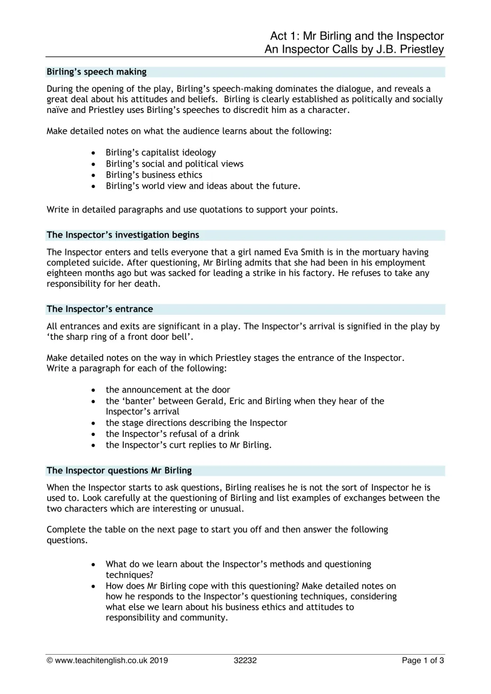 Act 1 of An Inspector Calls: students note Birling's speeches, the Inspector's entrance and his questioning of Birling