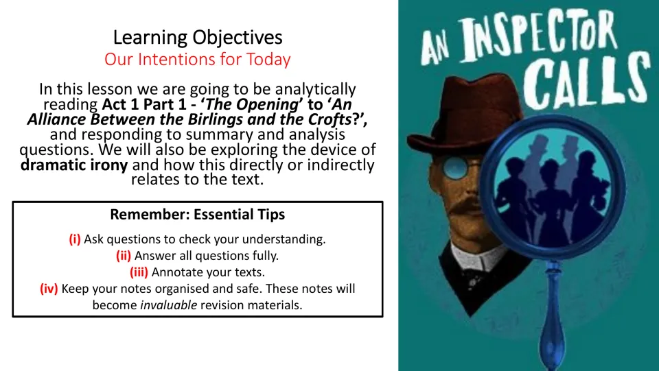 Lesson objectives introduce analytical reading, summary and analysis questions, and dramatic irony