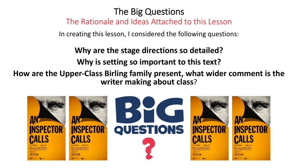 Lesson questions examine detailed stage directions, the importance of setting, and the Birling family's class