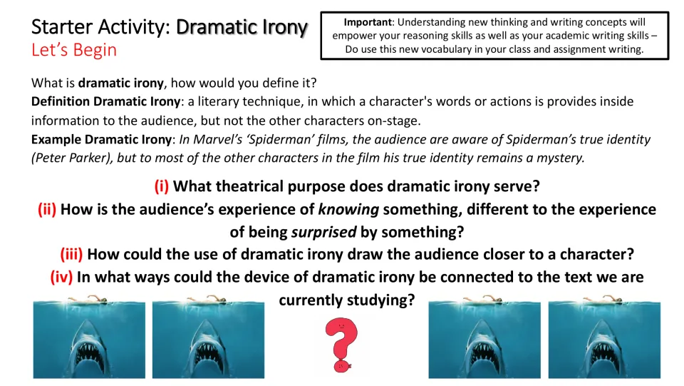 Dramatic irony starter gives a Spider-Man example and four questions about audience knowledge and effects