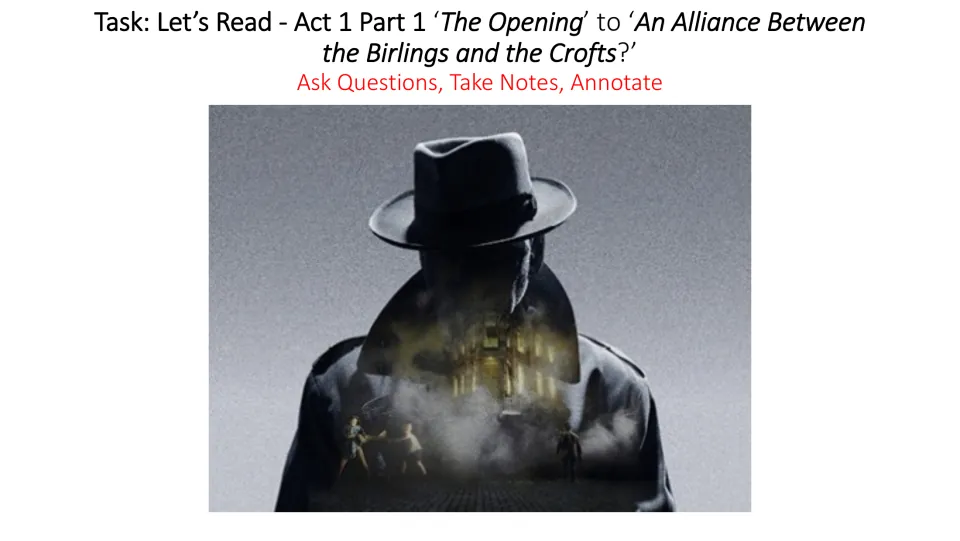 Reading task covers Act 1 Part 1, from the opening to the family alliance, with prompts to annotate and take notes