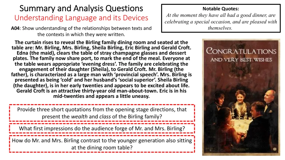 Opening scene summary and questions examine the Birlings' wealth, first impressions, and generational contrasts