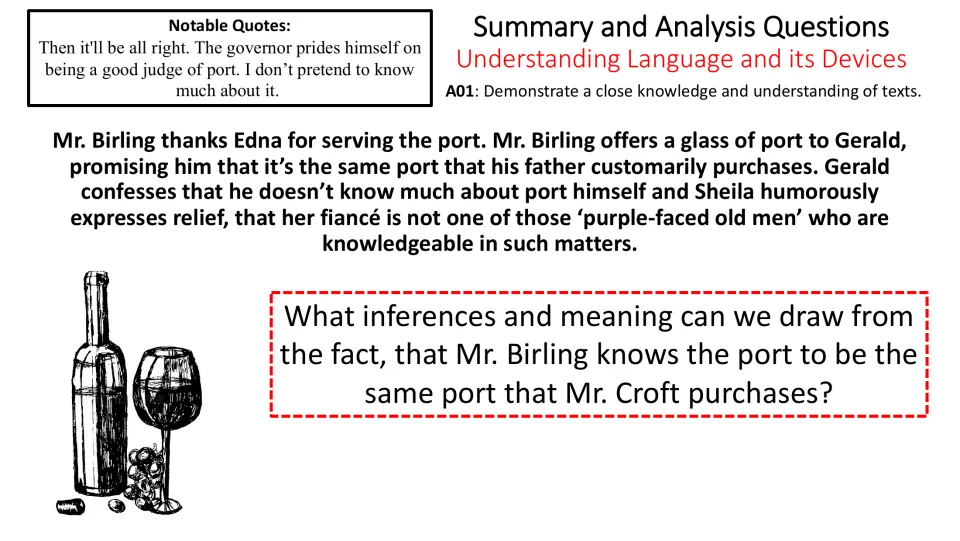 Port conversation summary asks what Mr. Birling's knowledge of Mr. Croft's preferred port reveals about him