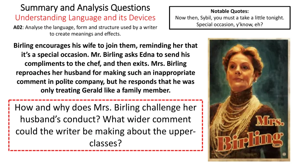 Mrs. Birling's criticism of her husband's manners prompts analysis of her conduct and upper-class attitudes