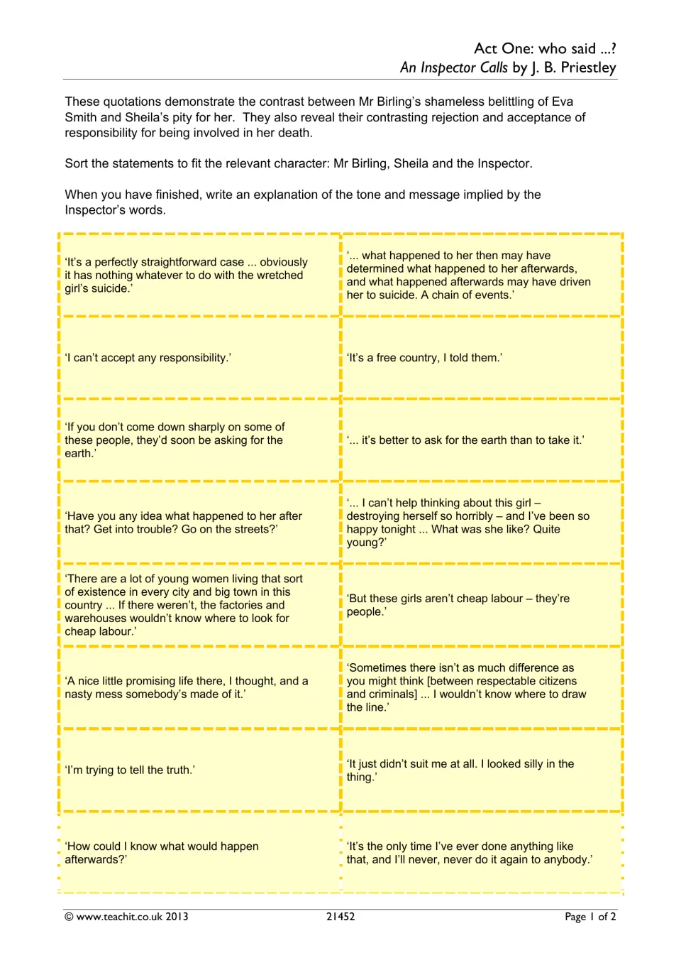 Act One quotation sort: students match 16 quotes to Mr Birling, Sheila or the Inspector, then explain the Inspector's tone