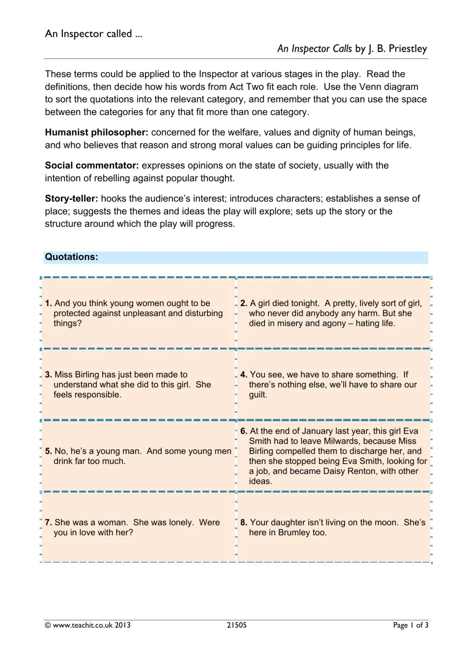 The Inspector's roles in Act Two: students read definitions of three roles and sort quotations 1-8 into categories