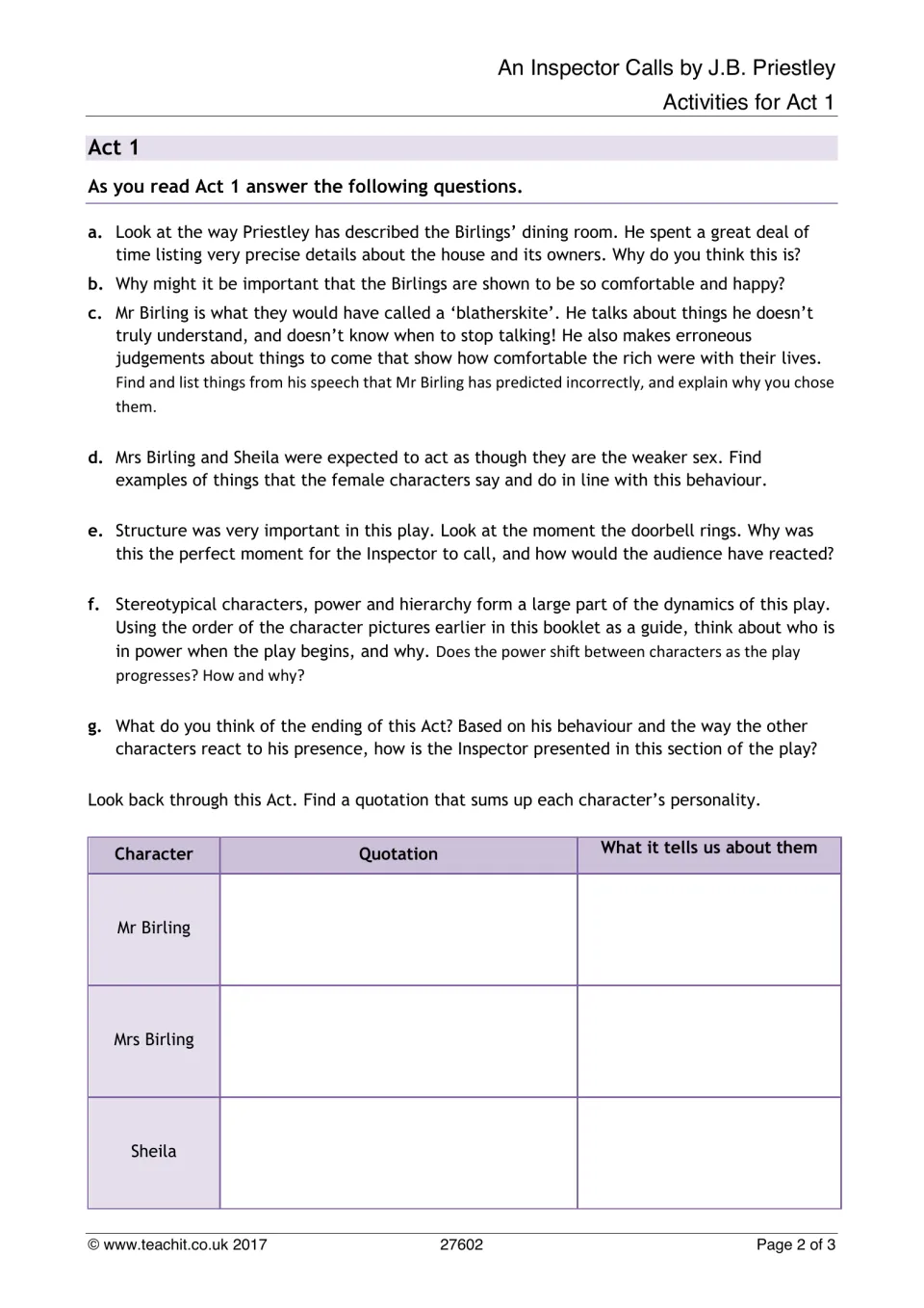 Act 1 questions a–g on the dining room, Birling's false predictions and power; students then find quotes per character
