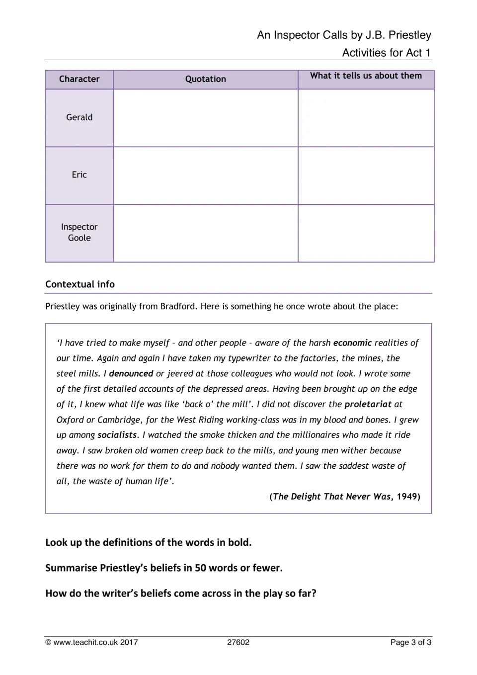 Quotation chart for Gerald, Eric and the Inspector, then Priestley's 1949 Bradford quote: define bold words, summarise