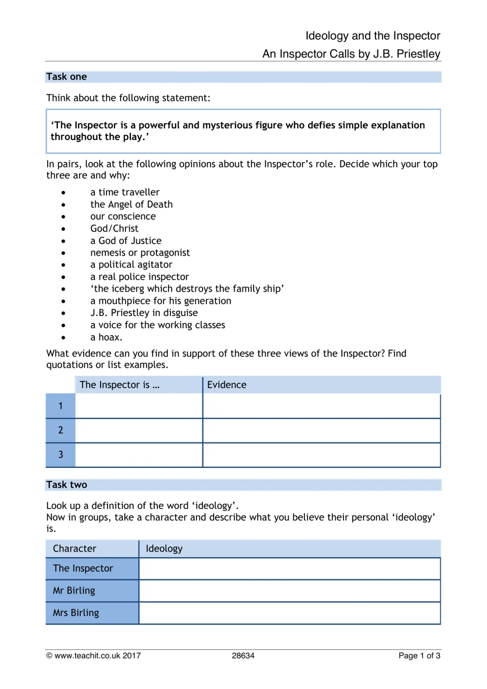 Ideology and the Inspector: pairs pick their top three views of the Inspector's role and find evidence for each