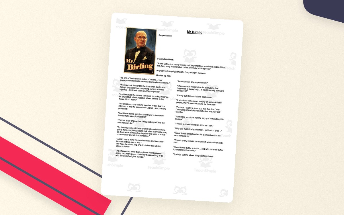 An Inspector Calls – Character Quote Worksheet preview: Six character-specific evidence pages