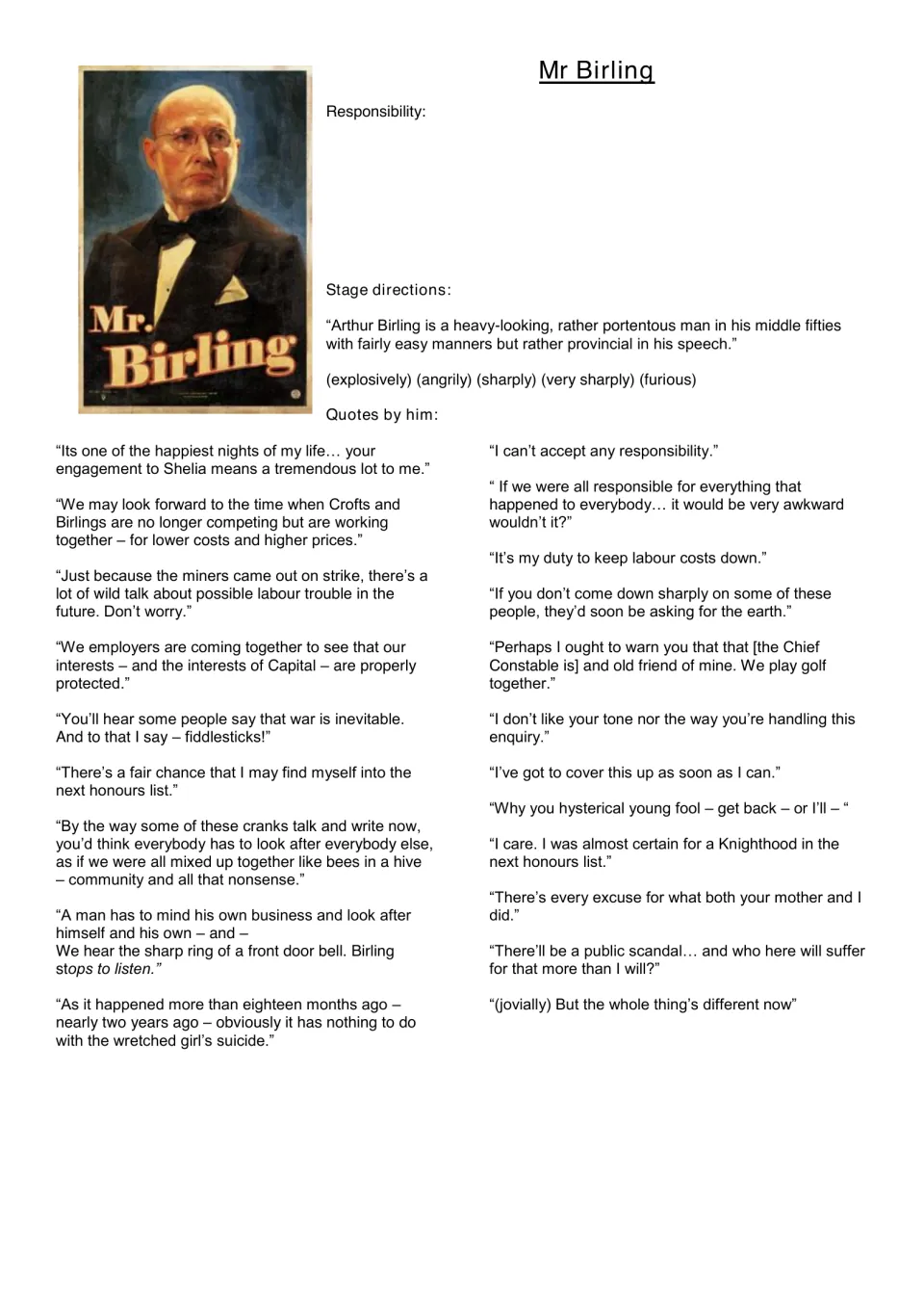 Mr Birling character profile: stage directions, adverbs and key quotes, with space for students to note his responsibility