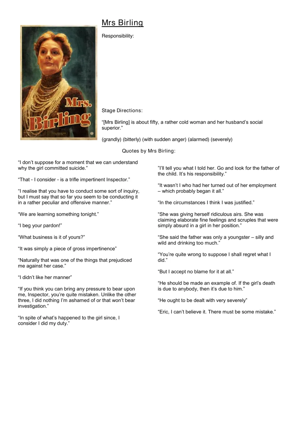 Mrs Birling quote bank: students analyse her stage directions and quotes, then note her responsibility for the girl's fate