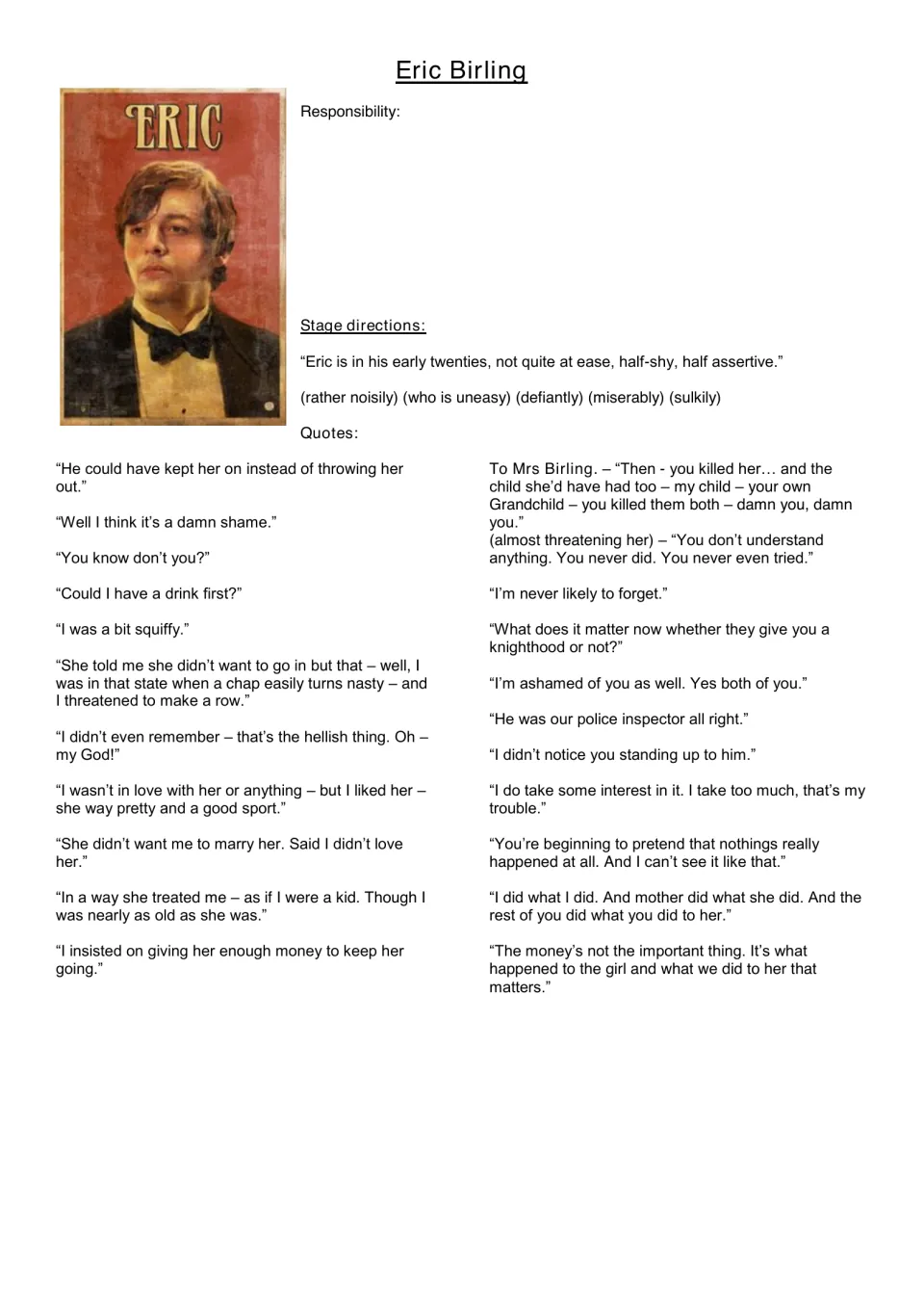 Eric Birling character study: stage directions and quotes on drinking and guilt, with a responsibility section to complete