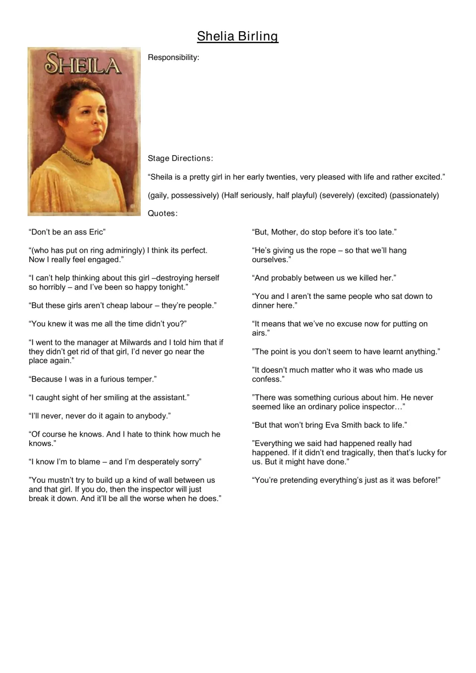 Sheila Birling quote sheet: stage directions and quotes tracing her change, with space to judge her share of responsibility