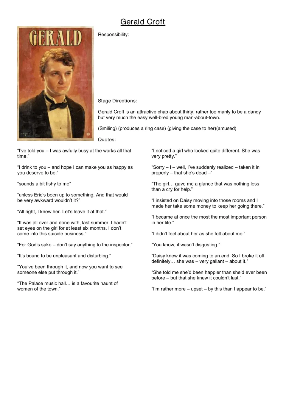 Gerald Croft character quotes: stage directions and lines about Daisy, with a prompt to assess his responsibility