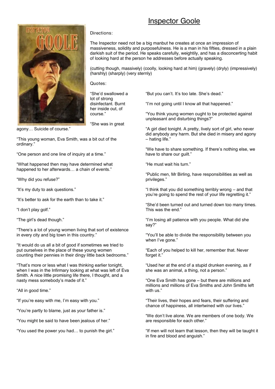 Inspector Goole quote bank: stage directions and his key lines on shared guilt, including 'We are members of one body'