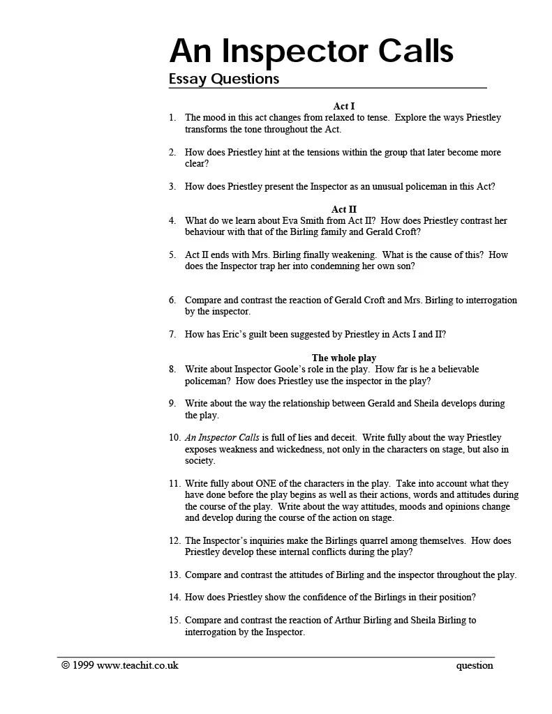 GCSE Literature: An Inspector Calls | Essay Questions – cover
