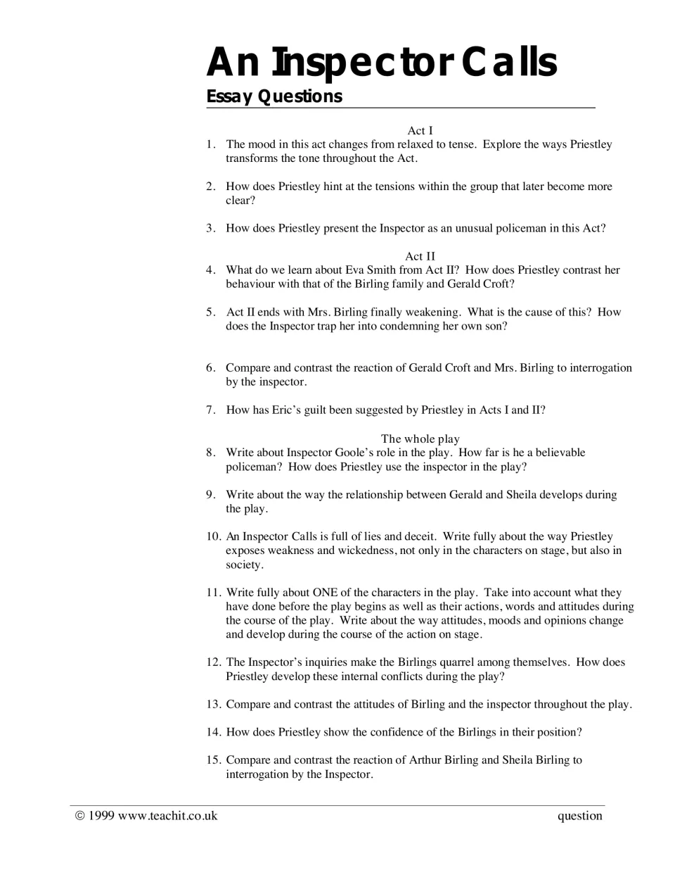 Priestley play prompts: 15 questions asking students to explore tone, the Inspector's role and how the Birlings react