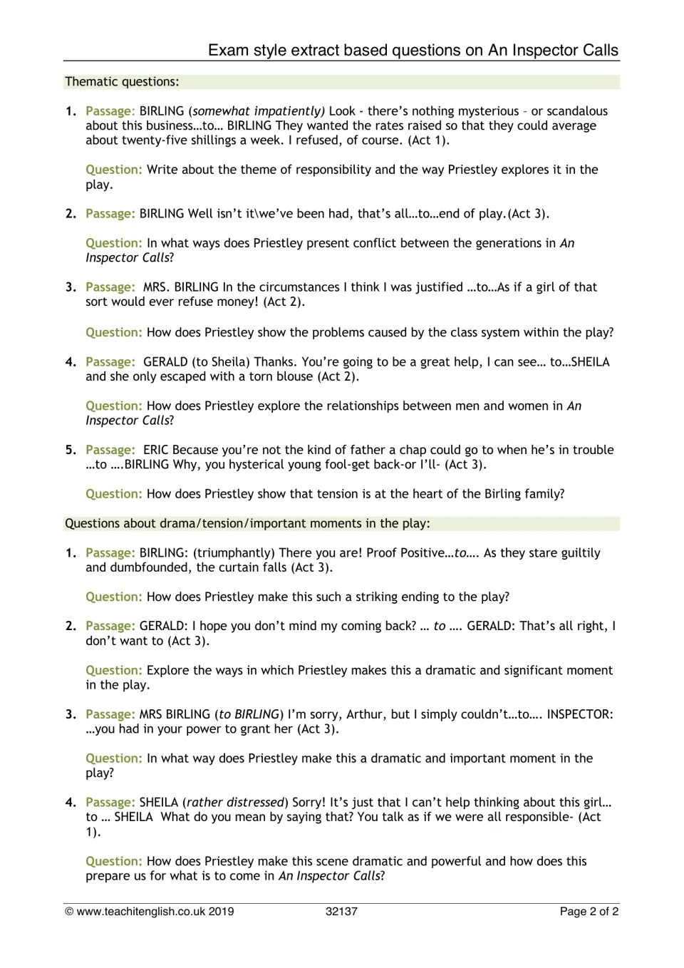 Theme and drama questions: students analyse extracts on responsibility, class, generations, gender and the play's ending