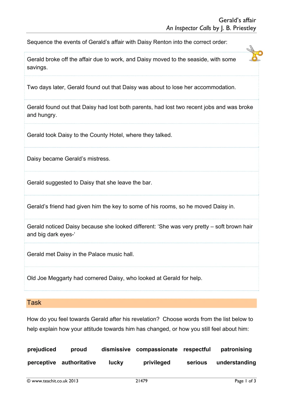 Gerald's affair with Daisy Renton: students cut out and sequence 10 events, then pick words for their view of Gerald