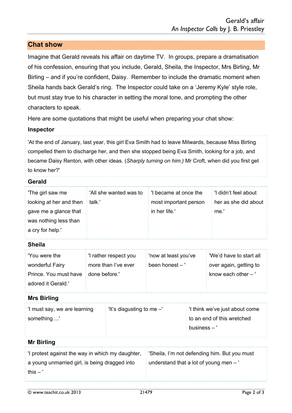 Chat show role-play: groups dramatise Gerald's TV confession using quotations from the Inspector, Sheila and the Birlings