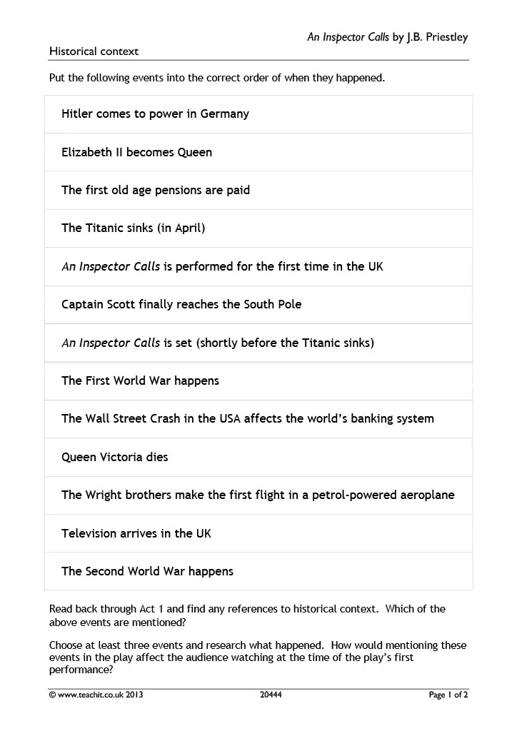 GCSE Literature: An Inspector Calls | Historical Context Worksheet – cover