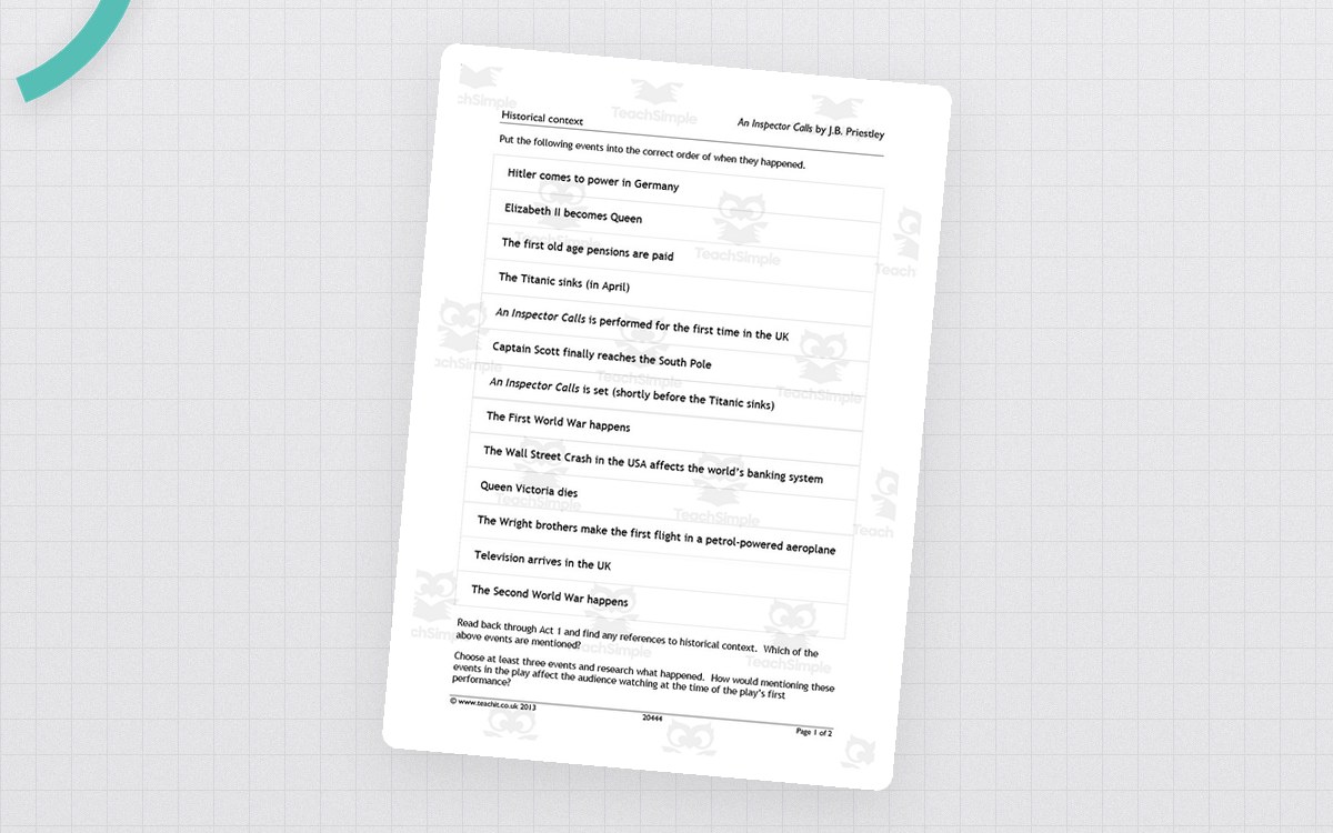 GCSE Literature: An Inspector Calls | Historical Context Worksheet preview