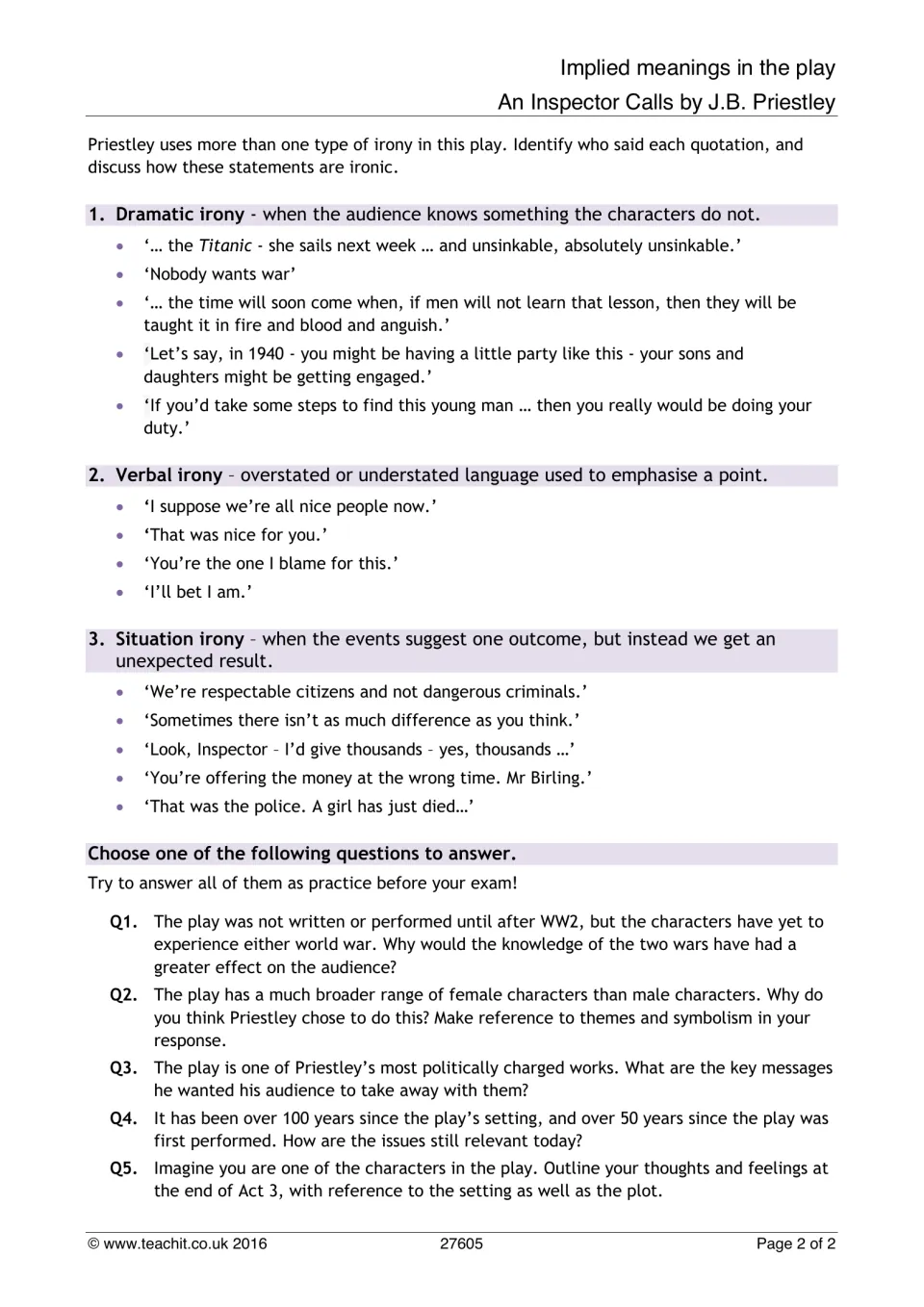 Irony in An Inspector Calls: students name speakers of dramatic, verbal and situation irony quotes and discuss each