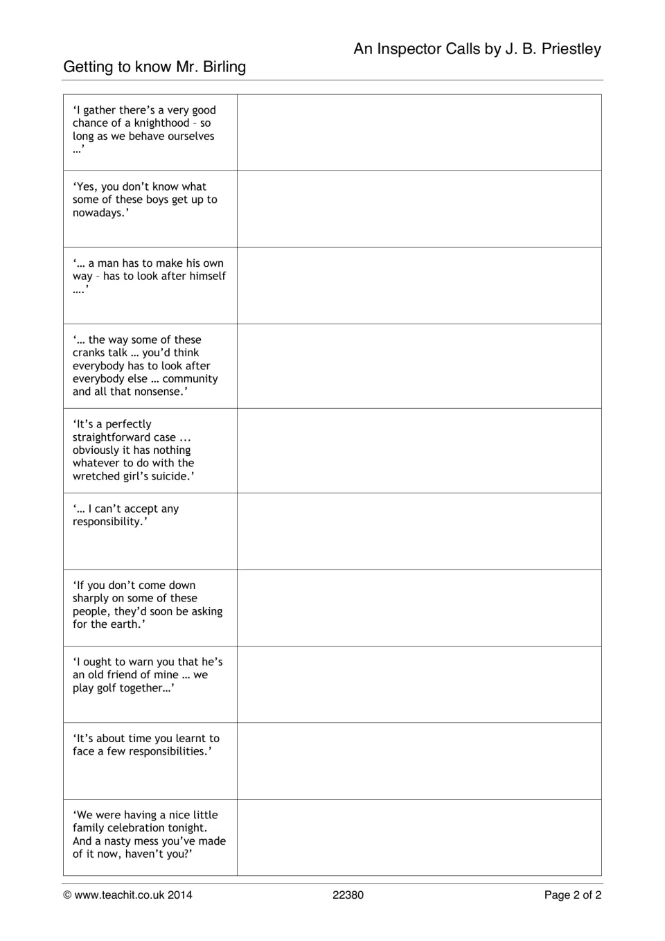 Mr. Birling quotations continued: students explain 10 more lines on knighthood, community and refusing responsibility