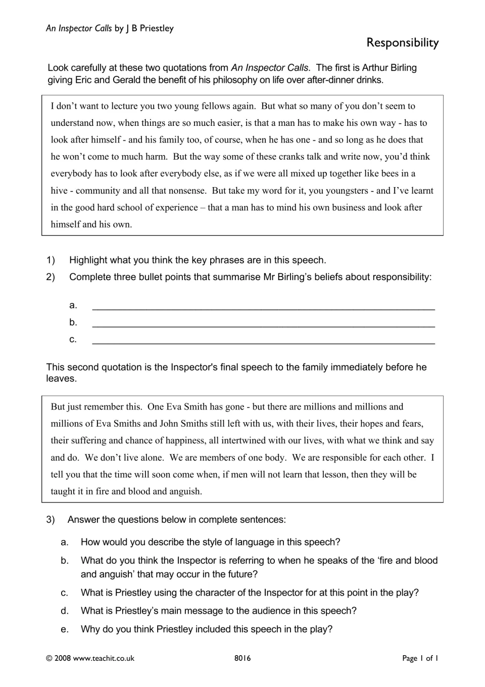 Responsibility in An Inspector Calls: students highlight Birling's speech and analyse the Inspector's final speech