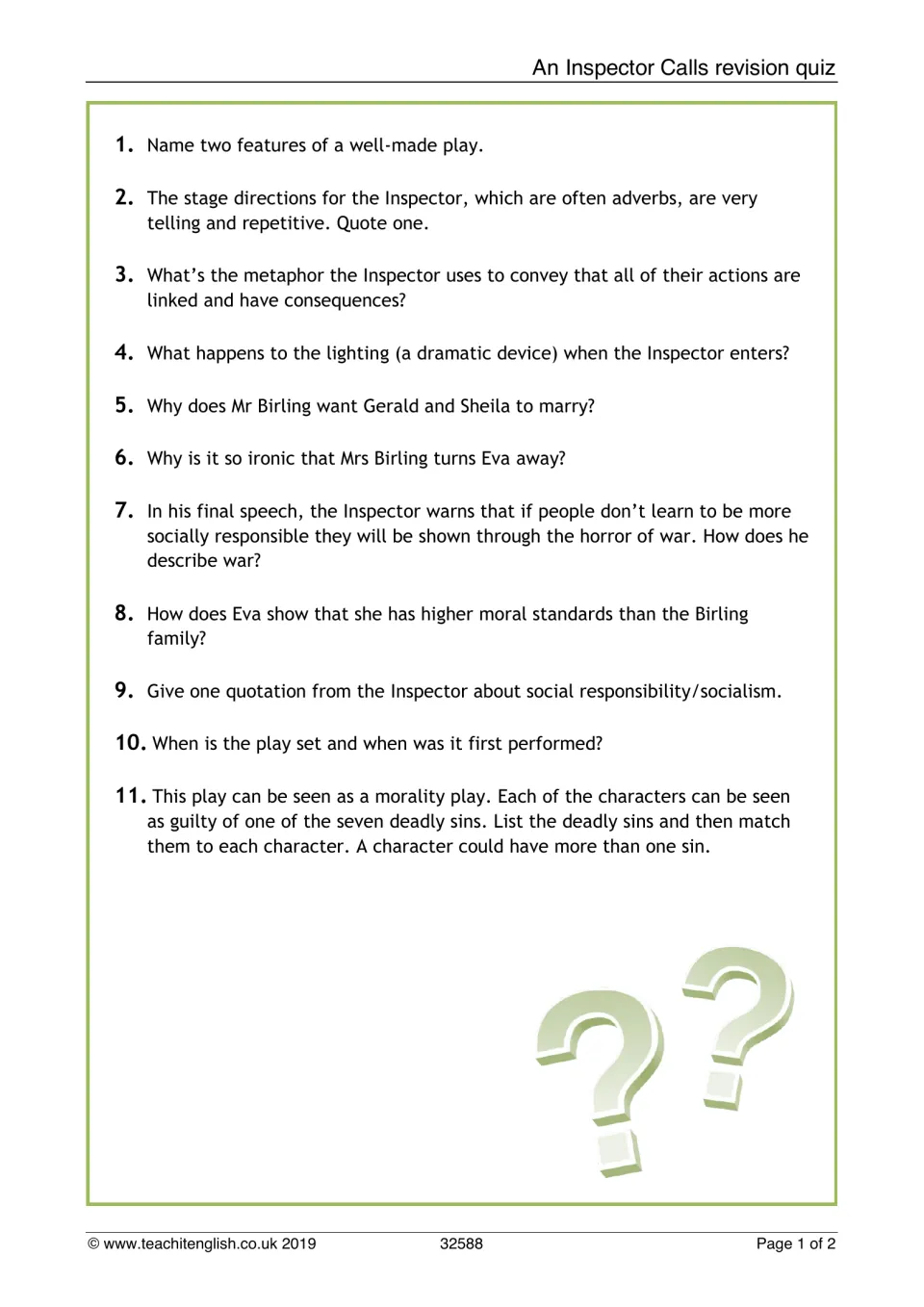 An Inspector Calls quiz: students answer 11 questions on stage directions, irony, context and the seven deadly sins