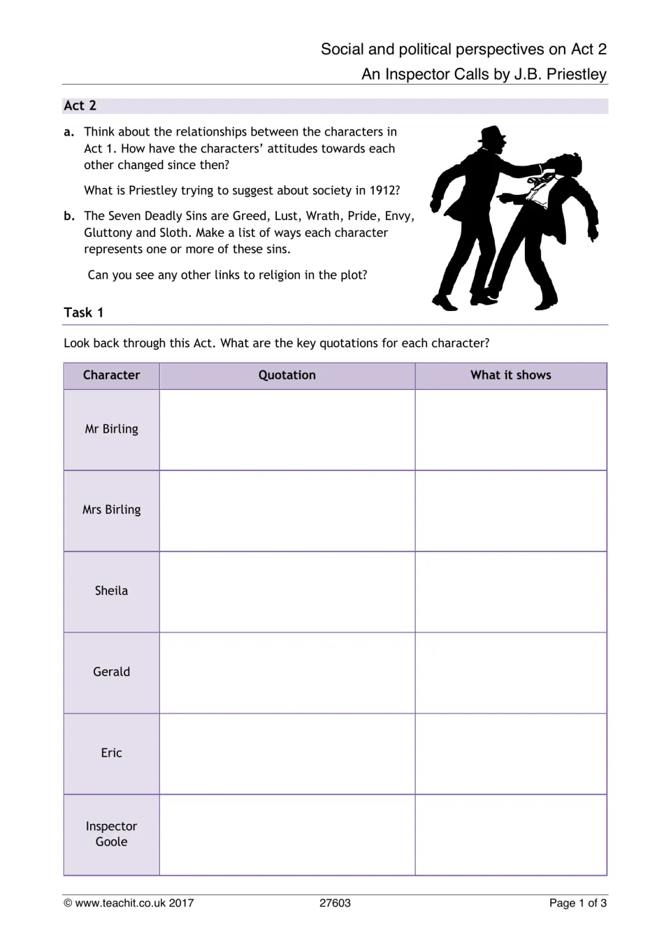Act 2 worksheet: relationship and religious themes, plus Task 1 on character quotations and what they show