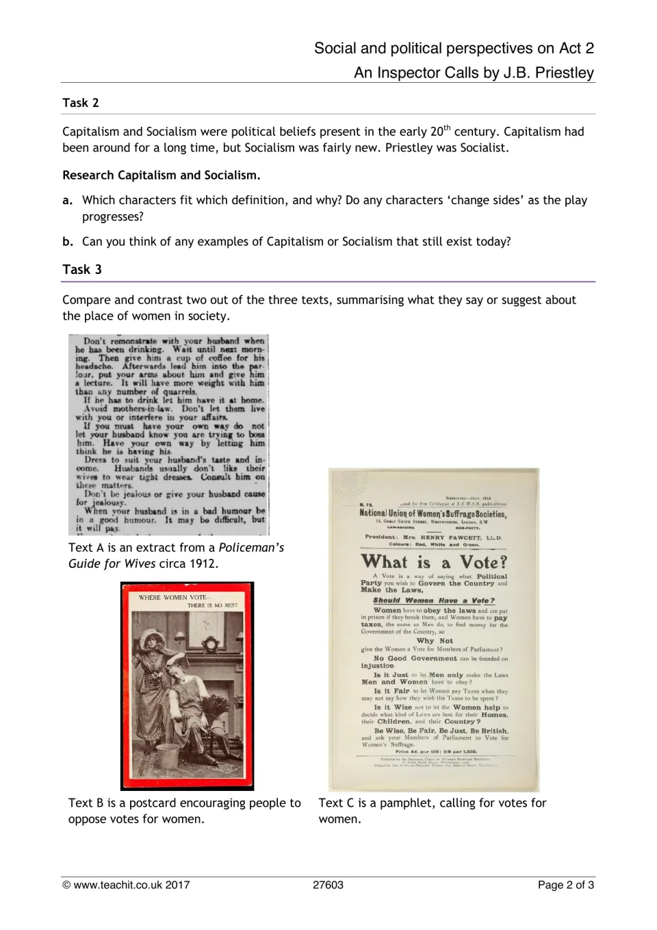 Tasks 2–3: research capitalism and socialism, then compare historical texts about women's place in society
