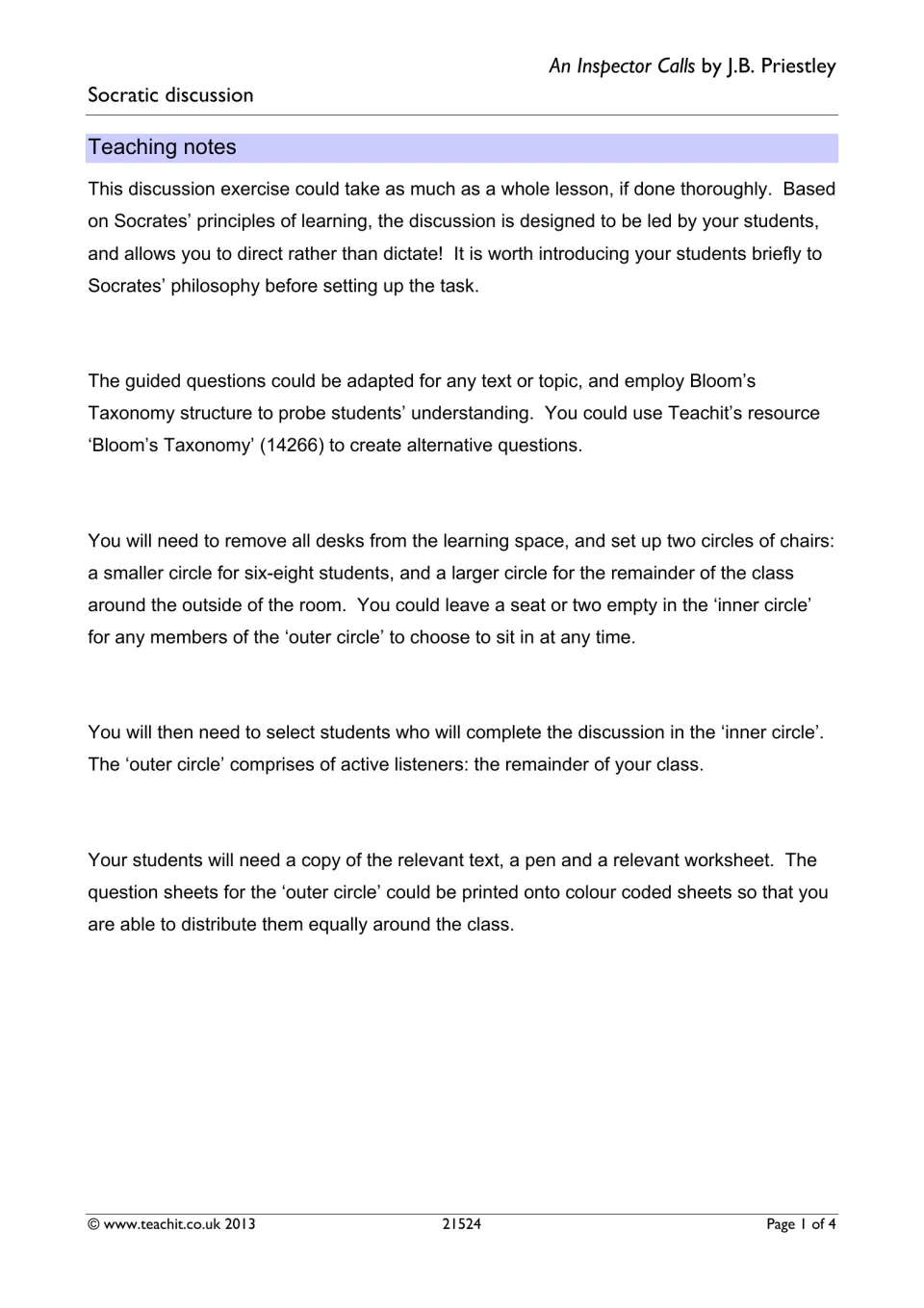 Socratic discussion teaching notes: setting up inner and outer circles, choosing speakers and printing observer sheets