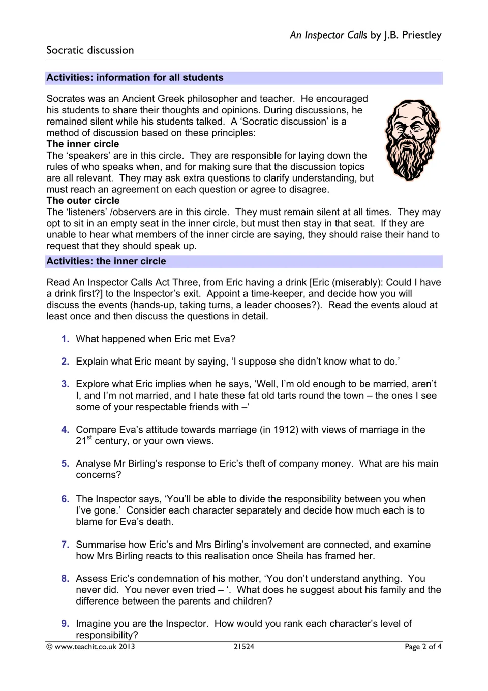 Socratic discussion rules and nine Act Three questions on Eric, Eva and the Birlings for inner circle students to debate