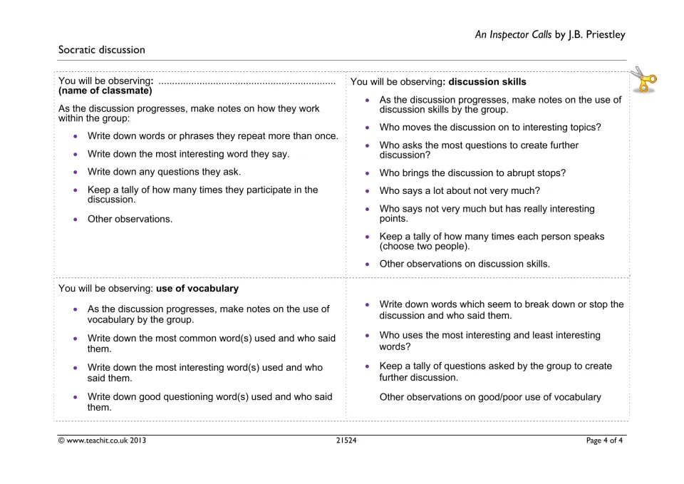Cut-apart observer cards: students track one classmate, the group's discussion skills or vocabulary use, with tallies