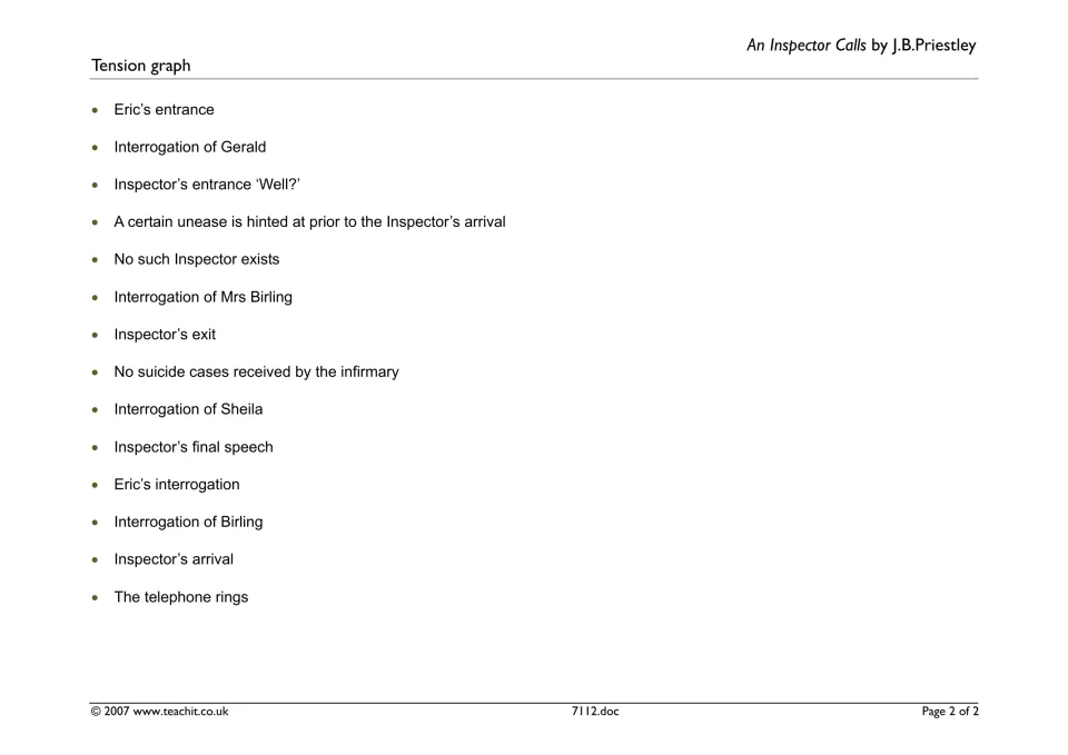 Sequencing: 14 jumbled plot events to order and plot, from the telephone ringing to the Inspector's exit and final speech
