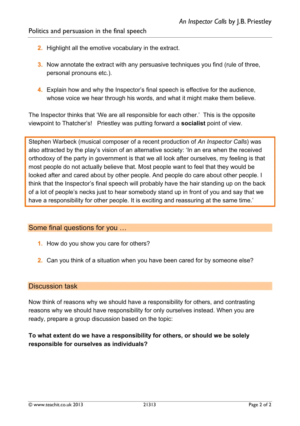 Persuasion in the Inspector's speech: students highlight emotive words, annotate techniques, then debate responsibility