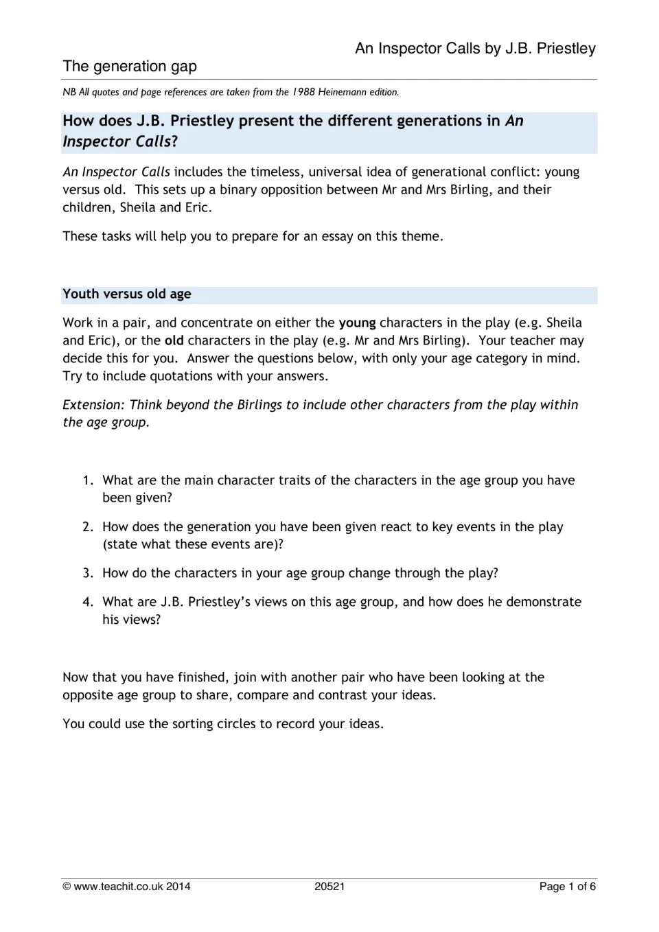 Youth versus old age: pairs answer 4 questions on young or old characters' traits, how they change and Priestley's views