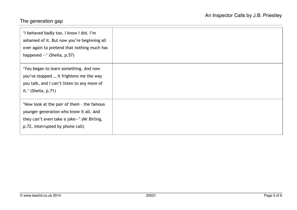 Generational conflict quotes, continued: students analyse lines from Sheila (p.57, p.71) and Mr Birling (p.72)