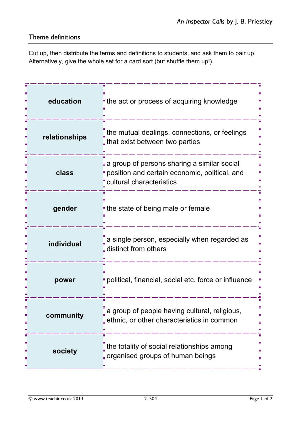 An Inspector Calls theme cards: students cut and match terms like class, power and gender to their definitions