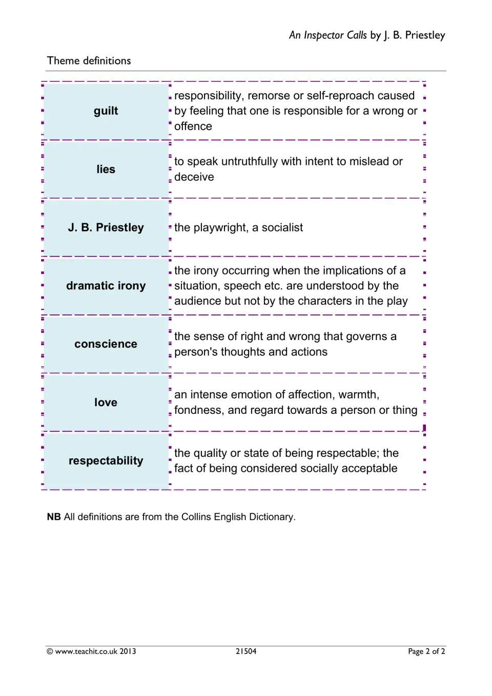 More theme cards: students match guilt, lies, dramatic irony, conscience, love and respectability to Collins definitions