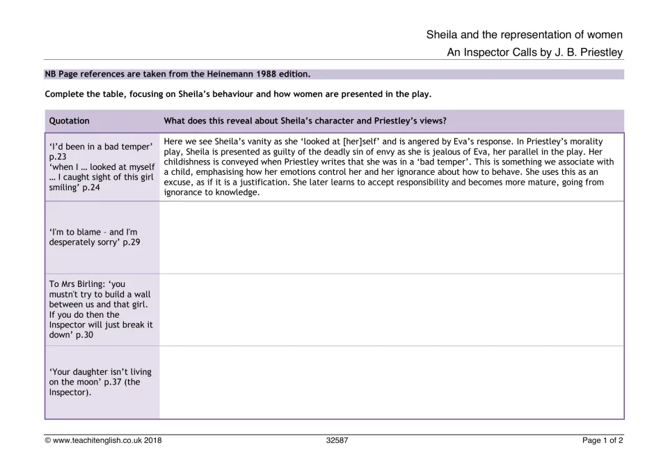 Sheila and women in An Inspector Calls: students analyse quotations from pp.23-37, with the first answer modelled